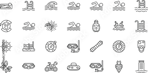 Swimming Pool and Water Recreation Line Icon Vector Set Featuring Swim Activities, Safety Equipment, Weather Symbols, and Aquatic Accessories for UI and Web Design