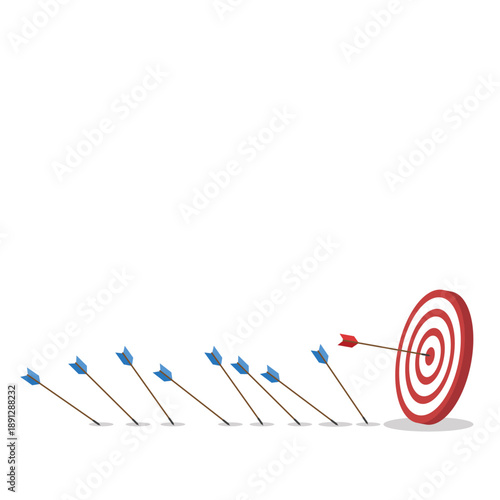 Business challenge failure and success concept. Blue arrows missed hitting target and only red one hits the center