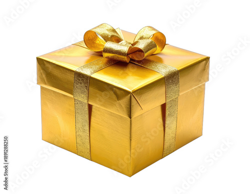 Gleaming square box covered in gold foil, tied with a decorative gold ribbon and bow, on black