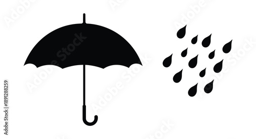 Black umbrella and raindrops depicted as a simple graphic silhouette