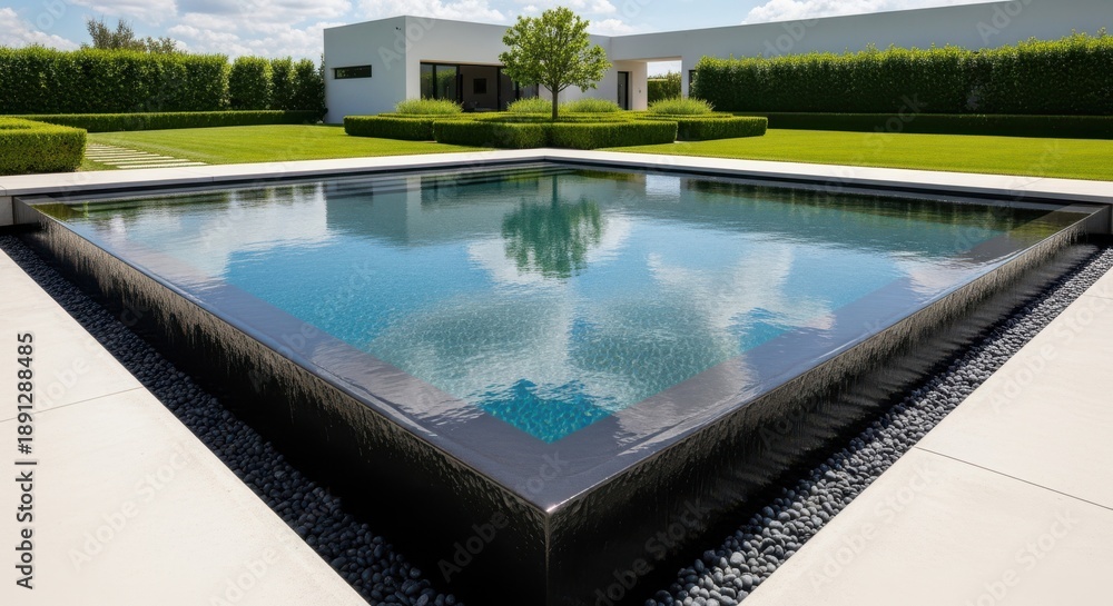 Fototapeta premium Modern infinity edge swimming pool reflects a bright blue sky and surrounding green landscape