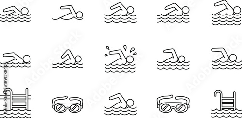 Swimming Activity Line Icon Vector Set with Freestyle, Diving, Pool Ladder, and Goggles Symbols for Sports Apps, Fitness UI, Web Interfaces, and Aquatic Design Projects