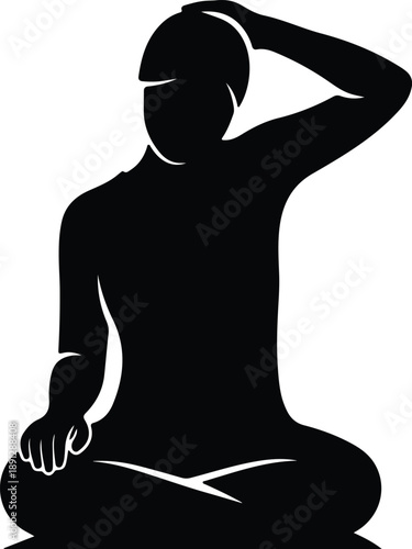 Silhouette person sitting cross-legged in a meditative thoughtful pose with hand behind head illustration vector