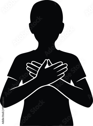 Silhouette person with hands crossed on chest showing respect and gratitude illustration vector