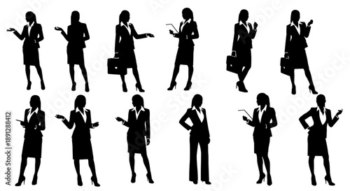 Set of Ten Black Silhouette Icons Depicting Professional Women in Diverse Business Poses Including Gesturing, Presenting, and Holding Briefcases
