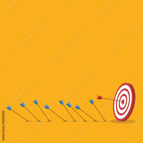 Business challenge failure and success concept. Blue arrows missed hitting target and only red one hits the center