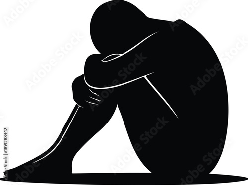 Silhouette sad lonely depressed person sitting huddled with knees up illustration vector