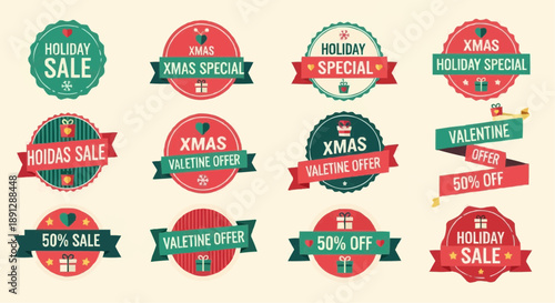 Collection of holiday sale and special offer stickers for christmas and valentine's day