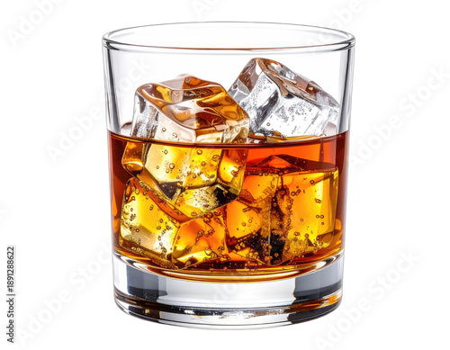 Close-up of a glass tumbler filled with amber-colored liquid and clear ice cubes