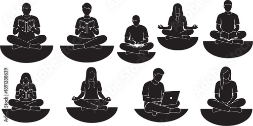 Silhouettes of people meditating in lotus position on bowls