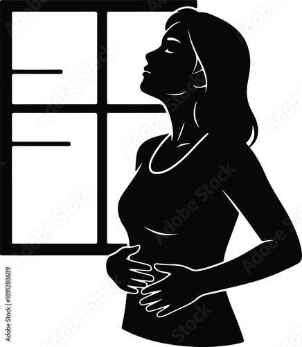 Silhouette woman holding her stomach gently looking up by window illustration vector