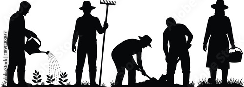 Farmers working in agriculture silhouette vector showing planting, watering, harvesting, and teamwork for sustainable farming and rural lifestyle illustration
