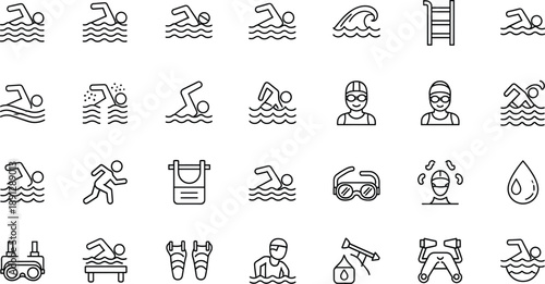 Swimming Pool and Water Sports Line Icon Vector Set with Swim Activities, Diving, Snorkeling, Safety, and Recreation Symbols for UI and Web Design