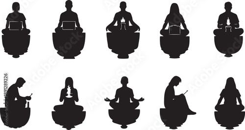 Silhouettes of people meditating in various yoga poses sitting