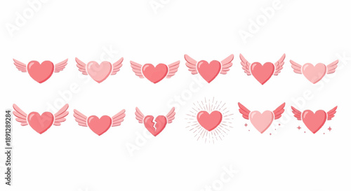 Collection of pink heart icons with wings on white background varying shades and designs symbolizing love and affection