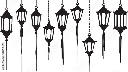 Black and white hanging street lamps isolated on white