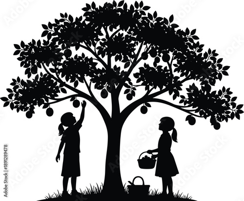 Children picking fruit silhouette, nature activity, outdoor harvest scene, black vector illustration, tree with basket, rural lifestyle, farming moment, peaceful design