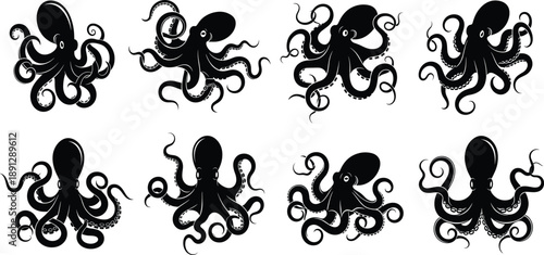 Octopus Silhouette Vector Set with Dynamic Tentacle Poses for Ocean Wildlife Design, Nautical Logos, Tattoos, Underwater Illustrations, and Marine Graphic Projects