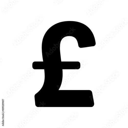 A stark black silhouette of the british pound symbol is prominently displayed against a clean white background creating a bold visual silhouette