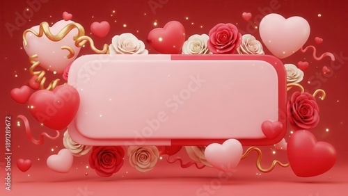 Blank pink frame with red roses and hearts for Valentine's Day message, romantic decoration