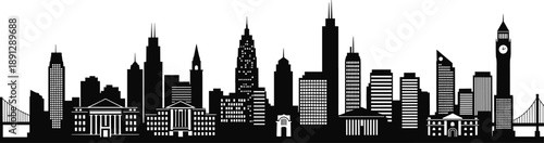 Black and white city skyline with skyscrapers and clock tower city, skyline, skyscrapers, buildings, clock tower, black and white, urban, architecture, cityscape, metropolitan, silhouette, bridge, clo