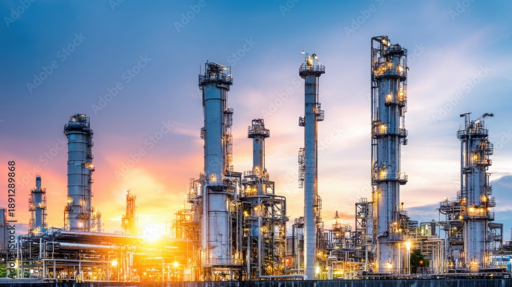 Fototapeta premium Towering Industrial Refinery Distillation Columns Under a Vibrant Sunset Sky