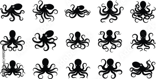 Octopus Silhouette Vector Collection with Multiple Marine Animal Poses for Ocean Wildlife Design, Nautical Logos, Tattoos, Icons, and Underwater Graphic Projects