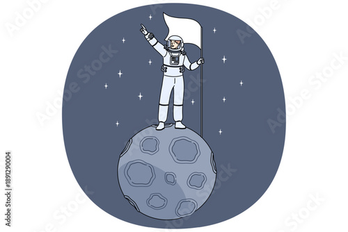 Man astronaut stands on miniature moon in space and holds flag pointing towards endless galaxy. Astronaut guy dressed in spacesuit who was in orbit for first time and went into open cosmos