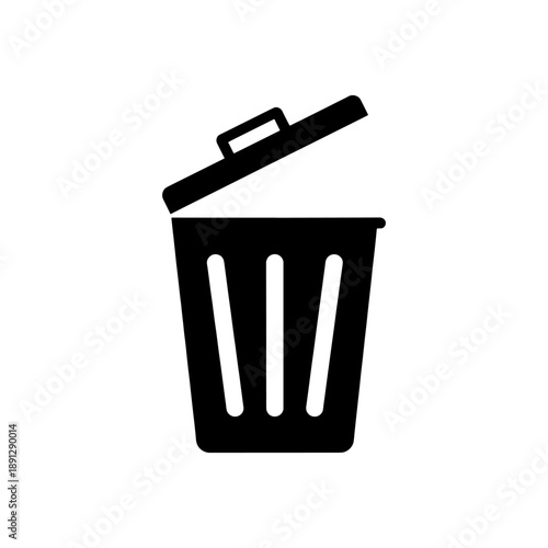 A simple black graphic depicts an open trash can with a lifting lid presenting a clean and minimalist design silhouette high quality professional