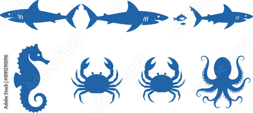 Marine Animal Silhouette Vector Illustration Set with Sharks, Seahorse, Crabs, and Octopus Icons for Ocean Wildlife Design, Logos, Nautical Graphics, and Educational Projects