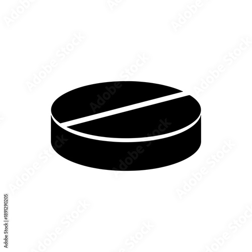 A stark black silhouette of a single flat circular pill with a score line bisecting it presented on a white background silhouette
