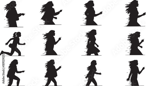 Silhouette of a woman running in various dynamic poses