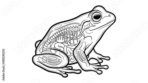 Anatomy of a frog: An illustration that details the internal structure of a frog, highlighting the intricacies of its skeletal, respiratory, and digestive systems for educational purposes.