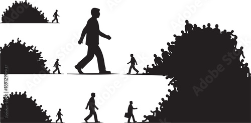 Silhouette of a man walking alone through crowds of people