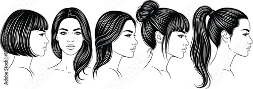 Five Women with Different Hairstyles in Black and White women, hairstyles, black and white, portraits, heads, faces, hair, bob, long hair, ponytail, bangs, line beauty, fashion, five, different, black