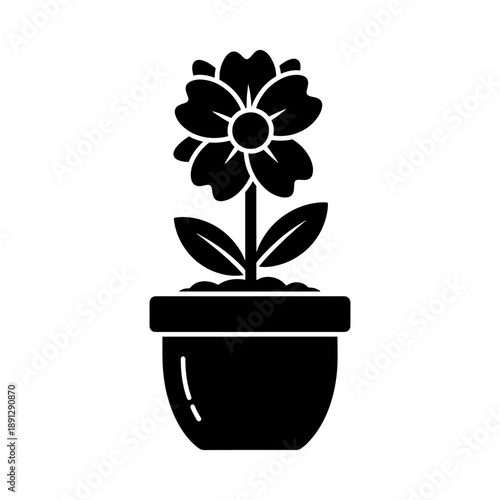 A simple black silhouette depicts a flowering plant potted in a container showcasing minimalist botanical art and design silhouette high quality professional detailed