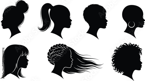 Black silhouettes of women with different hairstyles black silhouettes, women, hairstyles, profiles, heads, hair buns, ponytails, short hair, earrings, curly hair, straight hair, black, silhouettes, d