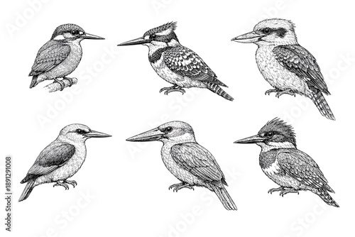 Detailed black and white illustrations of various kookaburra species