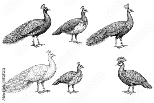 Detailed illustrations of peacocks in various poses and feather patterns