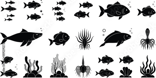 Underwater Marine Life Silhouette Vector Set Featuring Fish, Dolphins, Squid, Seaweed, and Ocean Creatures for Wildlife Design, Nautical Graphics, and Educational Projects