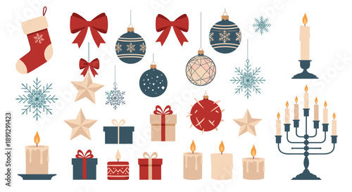 Large collection of festive Christmas decorations including baubles, stars, snowflakes, candles, and gift boxes for holiday design projects.