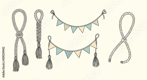 Assorted hand drawn decorative elements featuring braided ropes with tassels and festive triangle bunting banners on a light background.