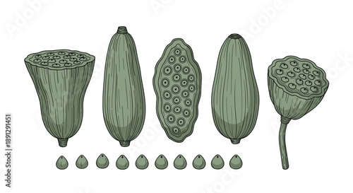 Scientific botanical illustration of various lotus seed pods and individual seeds shown in a muted green vintage engraving style.