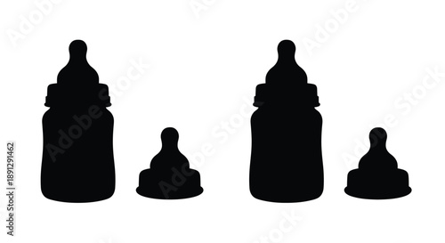 Four baby bottles of varying sizes presented in black silhouette