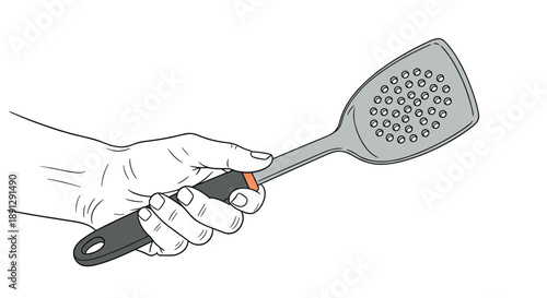 Line art illustration of a human hand firmly holding a gray slotted kitchen spatula used for flipping food while cooking in a kitchen.