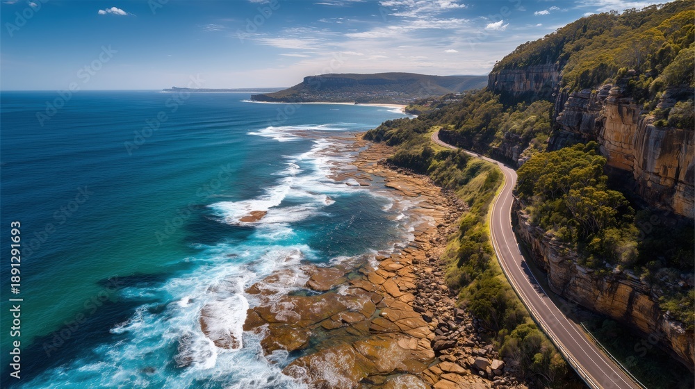 Fototapeta premium Adventure travel concept image of a coastal road on a sunny day.
