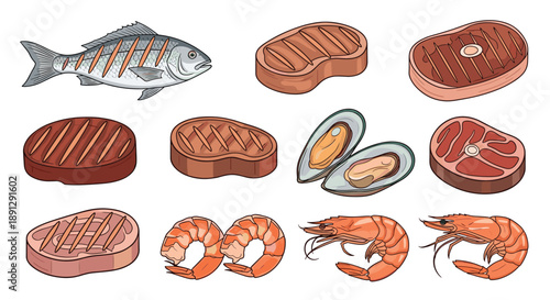 Set of grilled food items including a whole fish, various meat steaks, shrimps, and mussels shown in a detailed graphic style on white.