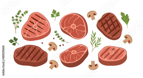 Top down view of various grilled and raw steaks surrounded by mushrooms, peppercorns, and fresh herbs for butcher shop themes on white.