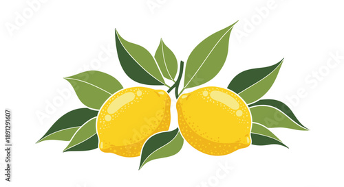 Pair of fresh yellow lemons with green leaves on a white background, ideal for citrus fruit themes and healthy food concepts.