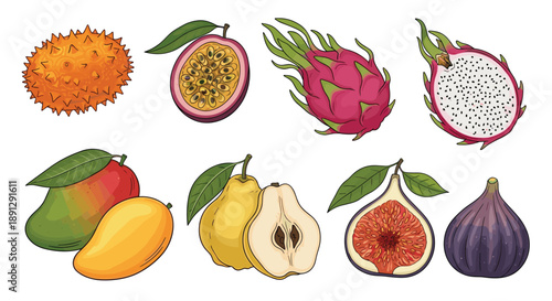 Large collection of exotic tropical fruits including dragon fruit, passion fruit, fig, mango, pear, and kiwano shown in great detail.